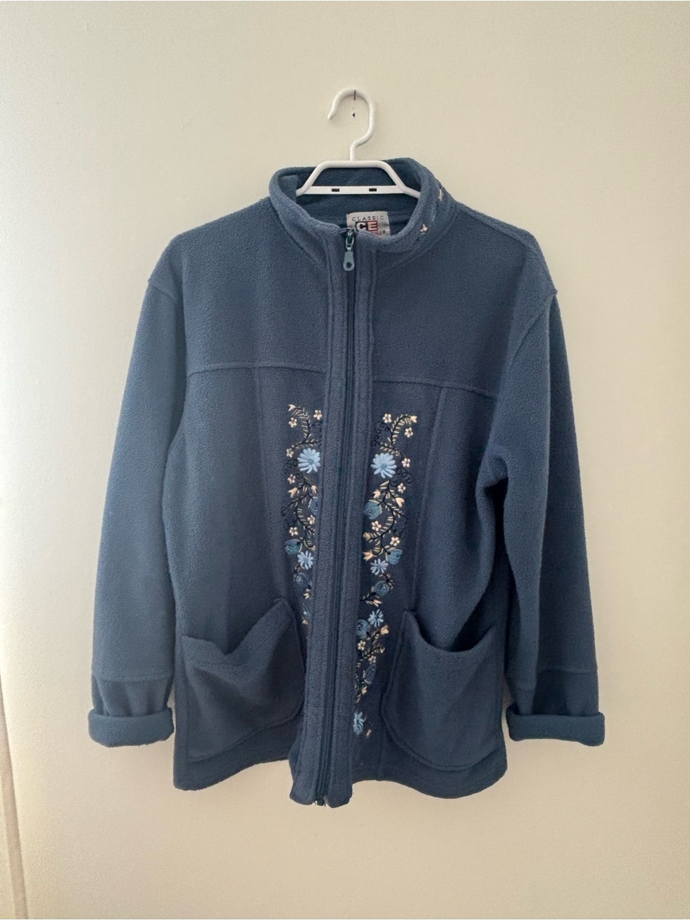 Classic Elements Navy Blue Floral-Embroidered Fleece Jacket